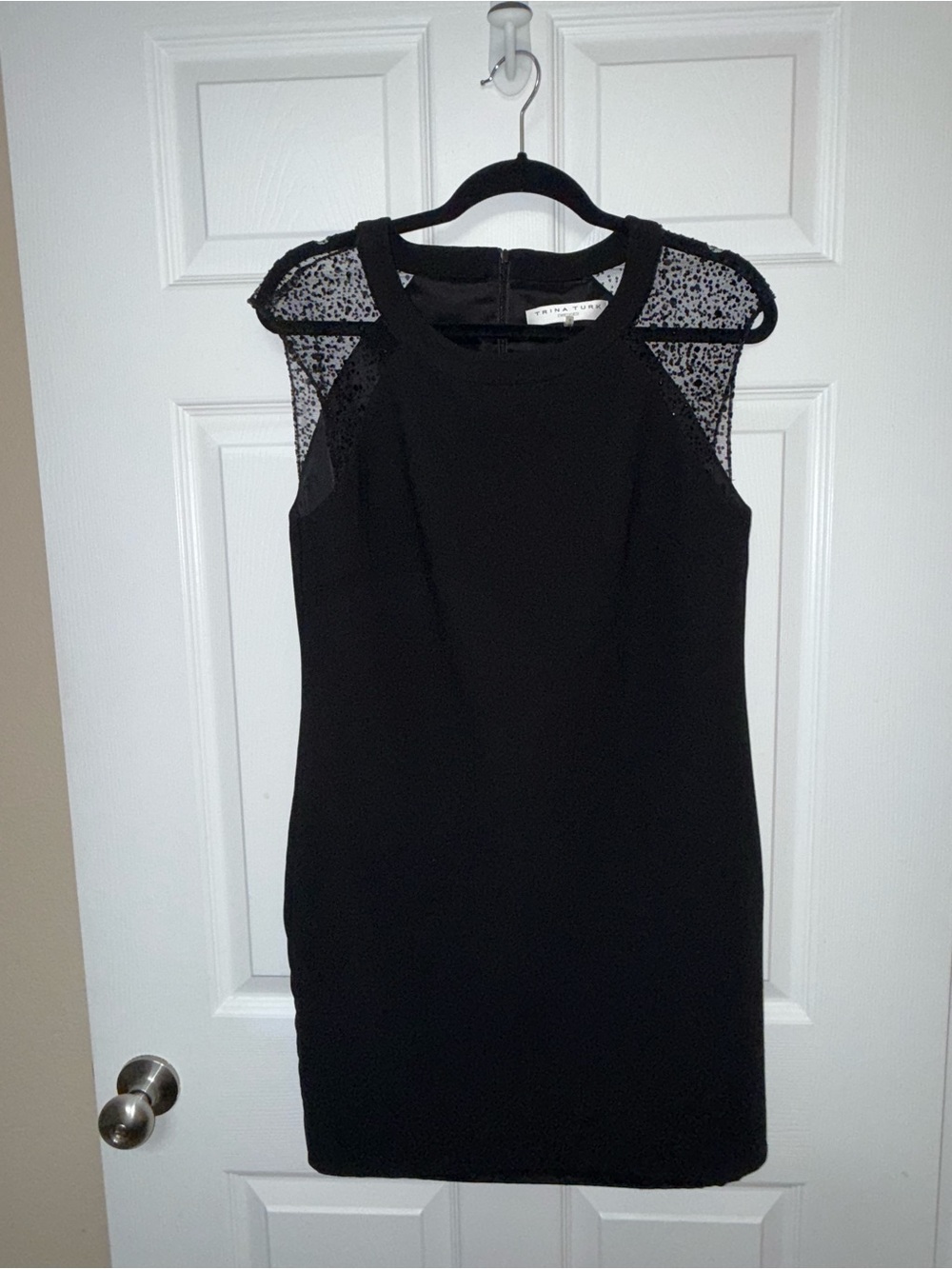Trina Turk Black Mini Dress with Lace & Beaded Cap Shoulders